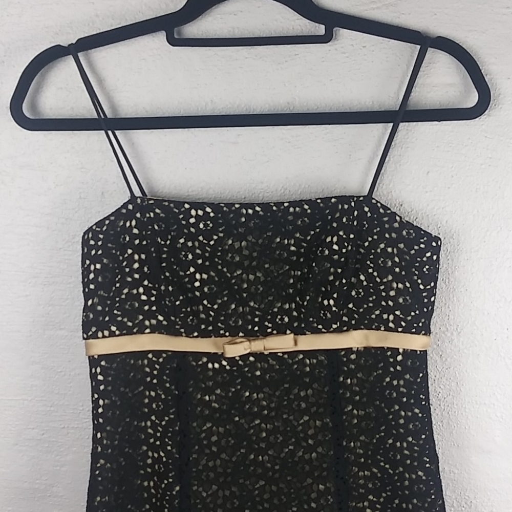 Betsy & Adam Black Gold Crochet Straight Neckline Spaghetti Strap Mini Dress - Picture 2 of 15